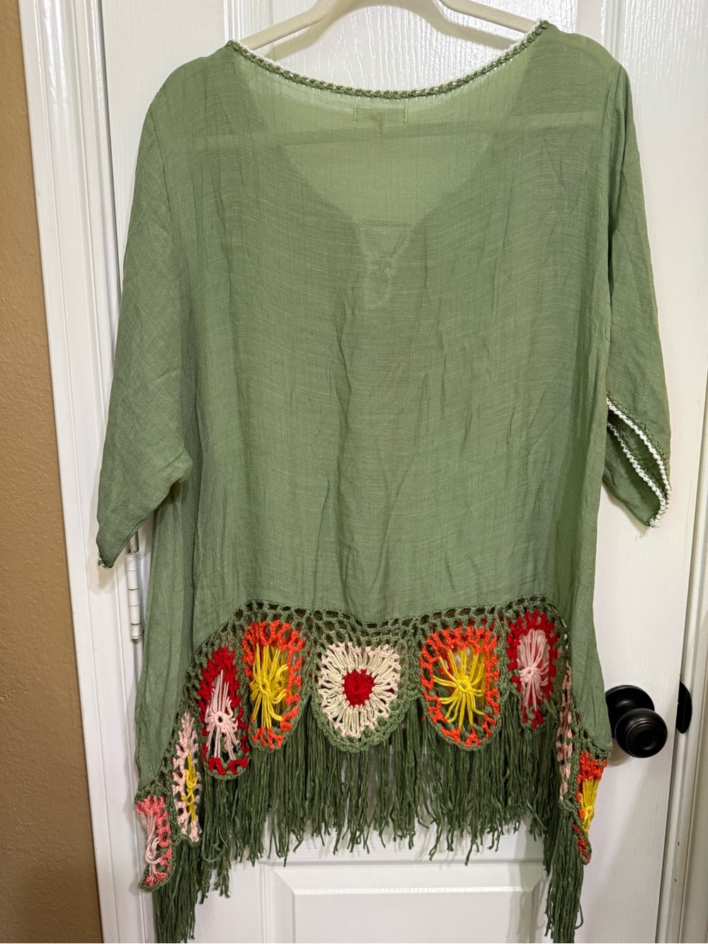 NWT Miracle M L p22 Olive Green Boho Fringe Top Colorful Crochet Accents - Picture 6 of 10